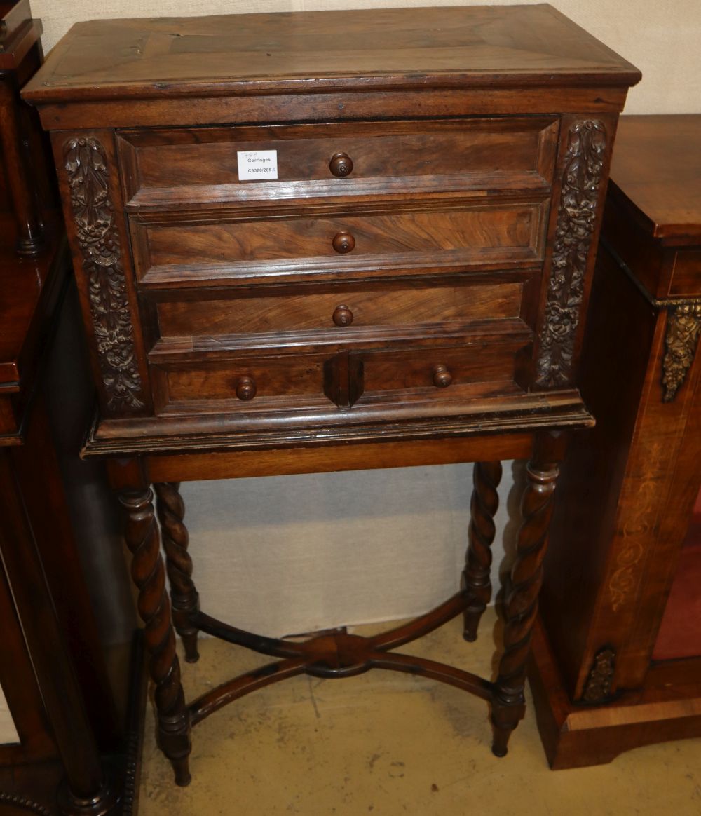 An 18th century style Italian olive wood chest on stand, fitted four drawers, W.62cm, D.31cm, H.120cm